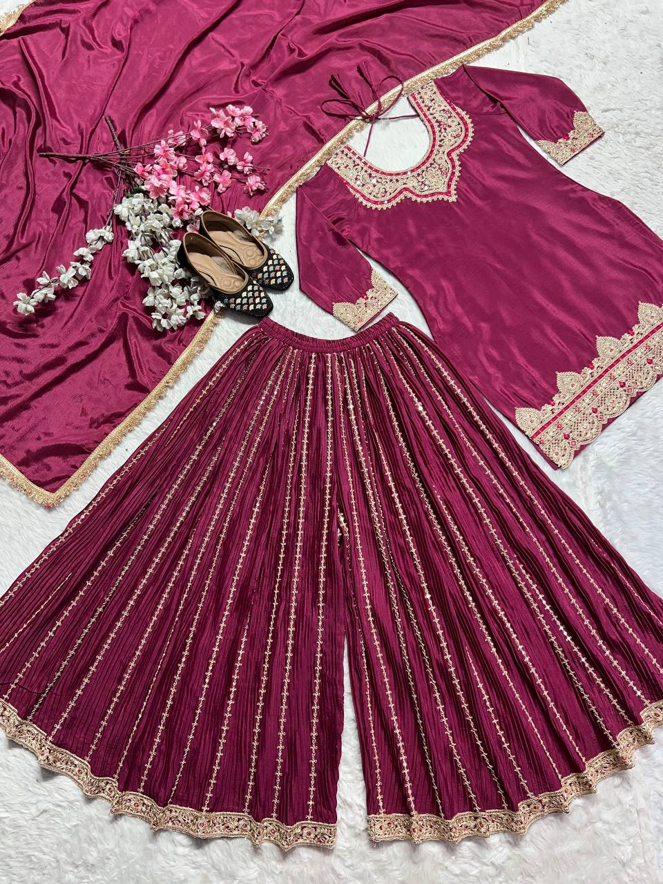 Occasion Wear Wine Color Pure Heavy Chinnon Silk With Heavy Embroidery Coding Sequence Work Sharara Suit