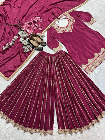 Occasion Wear Wine Color Pure Heavy Chinnon Silk With Heavy Embroidery Coding Sequence Work Sharara Suit