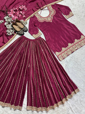 Occasion Wear Wine Color Pure Heavy Chinnon Silk With Heavy Embroidery Coding Sequence Work Sharara Suit