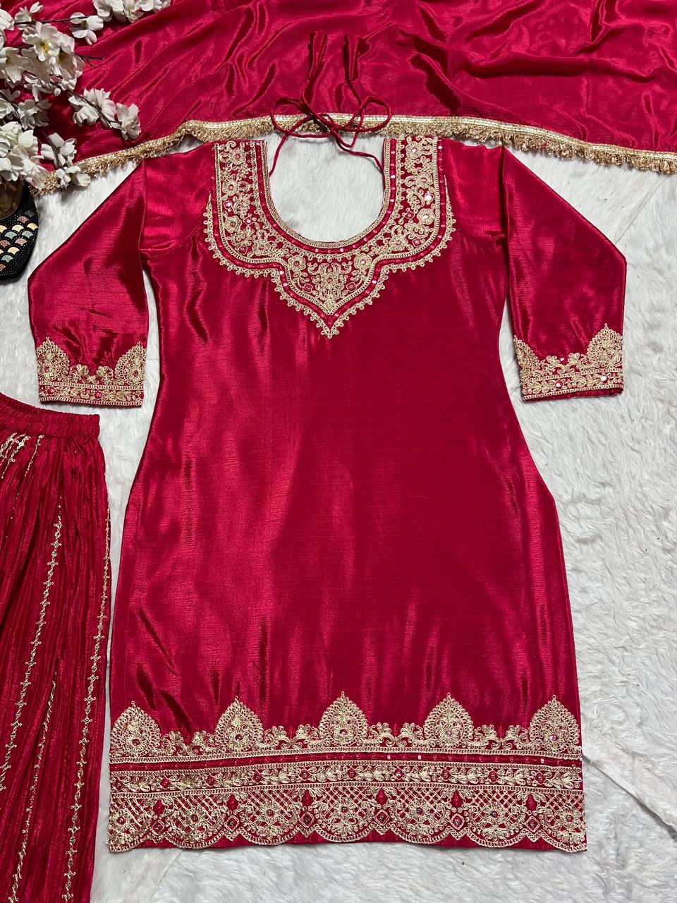 Reception Wear Red Color Pure Heavy Chinnon Silk With Heavy Embroidery Coding Sequence Work Sharara Suit
