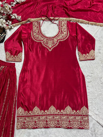Reception Wear Red Color Pure Heavy Chinnon Silk With Heavy Embroidery Coding Sequence Work Sharara Suit