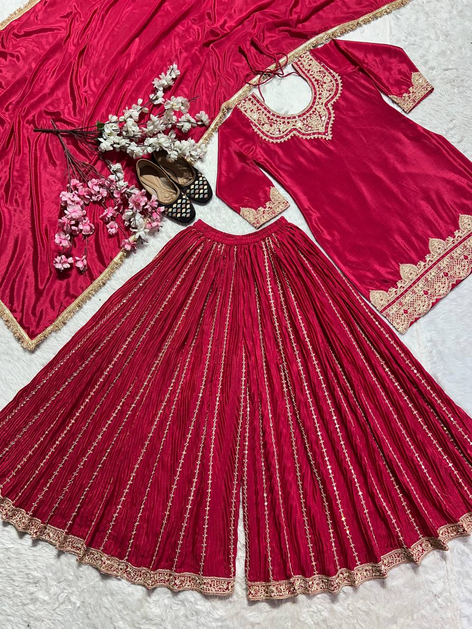 Reception Wear Red Color Pure Heavy Chinnon Silk With Heavy Embroidery Coding Sequence Work Sharara Suit