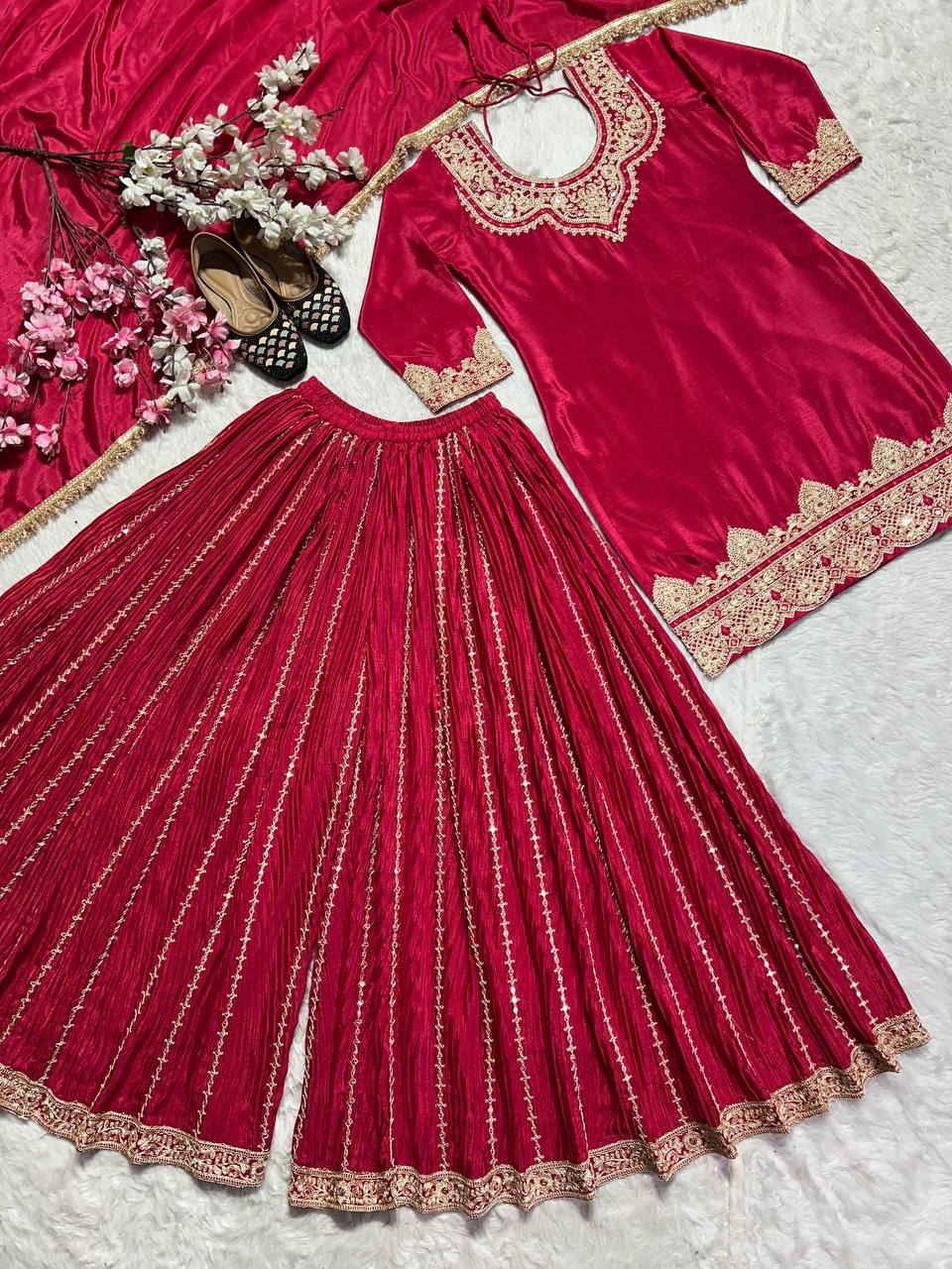 Reception Wear Red Color Pure Heavy Chinnon Silk With Heavy Embroidery Coding Sequence Work Sharara Suit