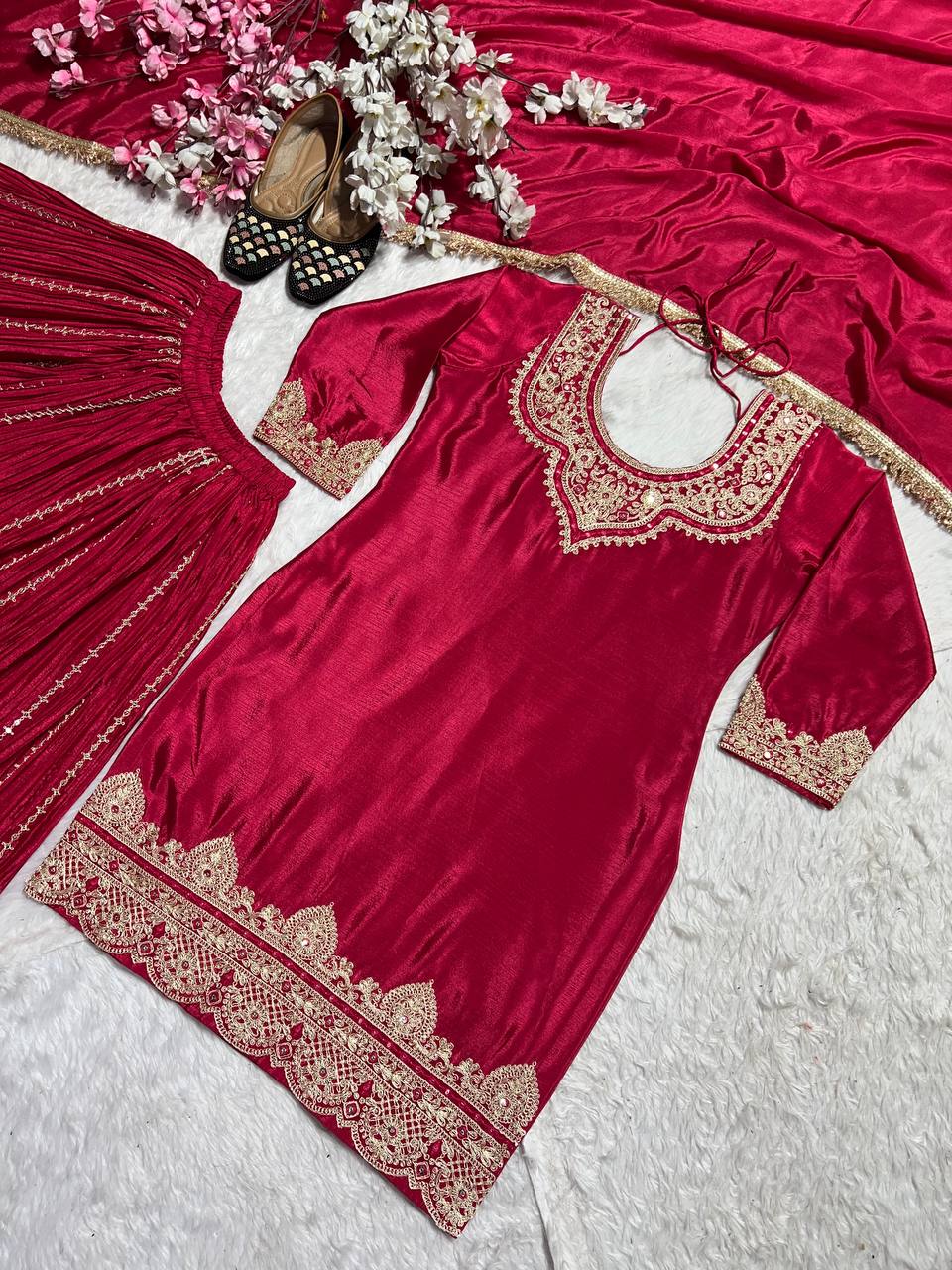 Reception Wear Red Color Pure Heavy Chinnon Silk With Heavy Embroidery Coding Sequence Work Sharara Suit