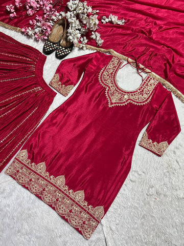 Reception Wear Red Color Pure Heavy Chinnon Silk With Heavy Embroidery Coding Sequence Work Sharara Suit