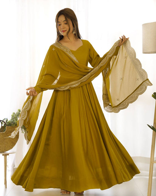 Wedding Wear Mustard Color Heavy Pure Roman Silk Plain Designer Gown With Work Dupatta