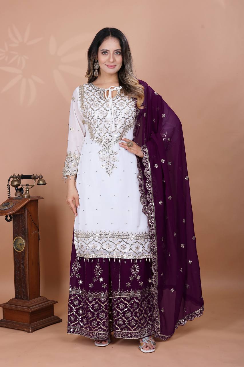 Admiring Wine Color Heavy Faux Georgette With Embroidery Sequence Work Sharara Suit