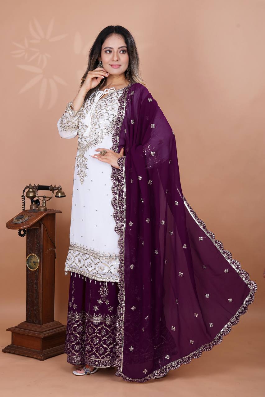 Admiring Wine Color Heavy Faux Georgette With Embroidery Sequence Work Sharara Suit