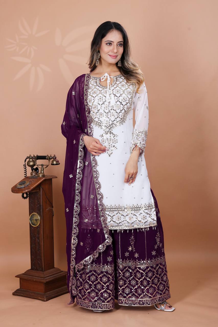 Admiring Wine Color Heavy Faux Georgette With Embroidery Sequence Work Sharara Suit