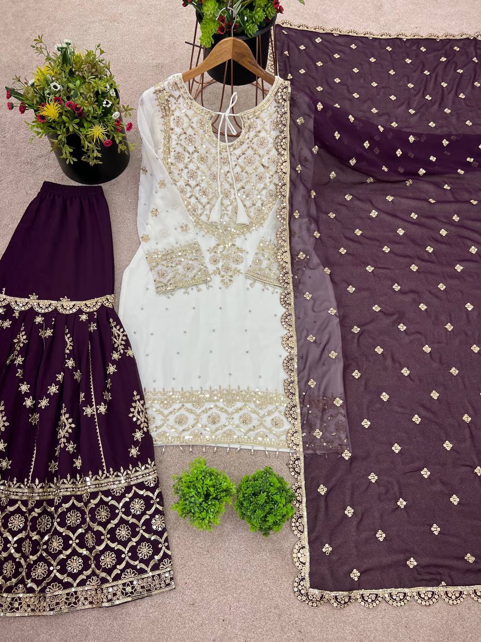 Admiring Wine Color Heavy Faux Georgette With Embroidery Sequence Work Sharara Suit
