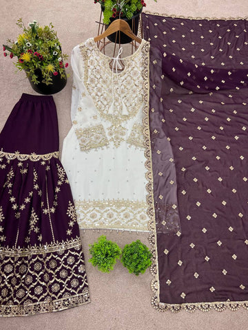 Admiring Wine Color Heavy Faux Georgette With Embroidery Sequence Work Sharara Suit