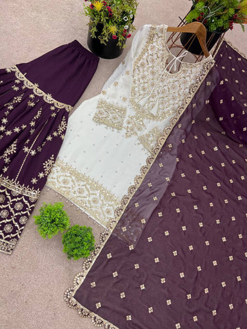 Admiring Wine Color Heavy Faux Georgette With Embroidery Sequence Work Sharara Suit