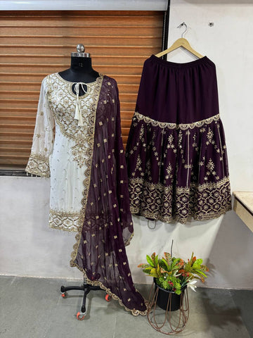 Admiring Wine Color Heavy Faux Georgette With Embroidery Sequence Work Sharara Suit
