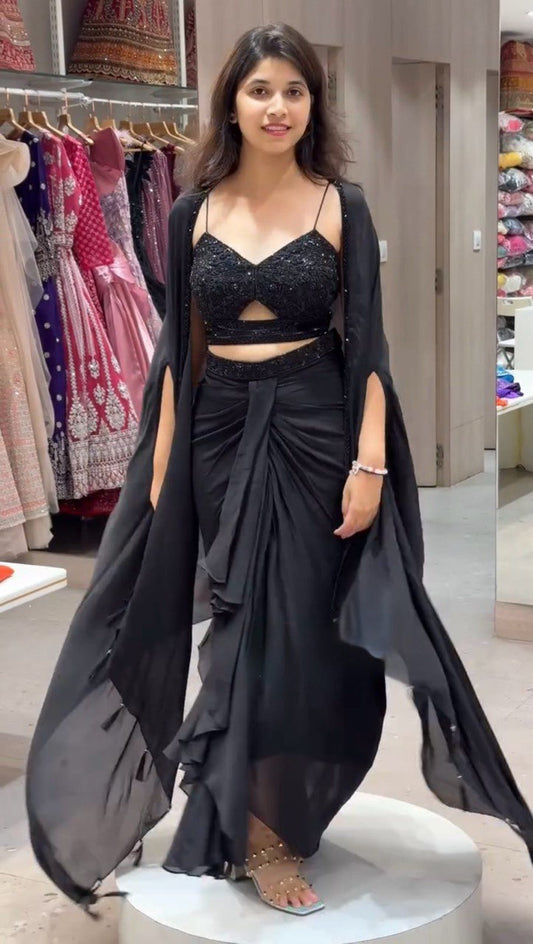 Occasion Wear Black Color Satin Silk And Thread With Sequence Work Dhoti Suit