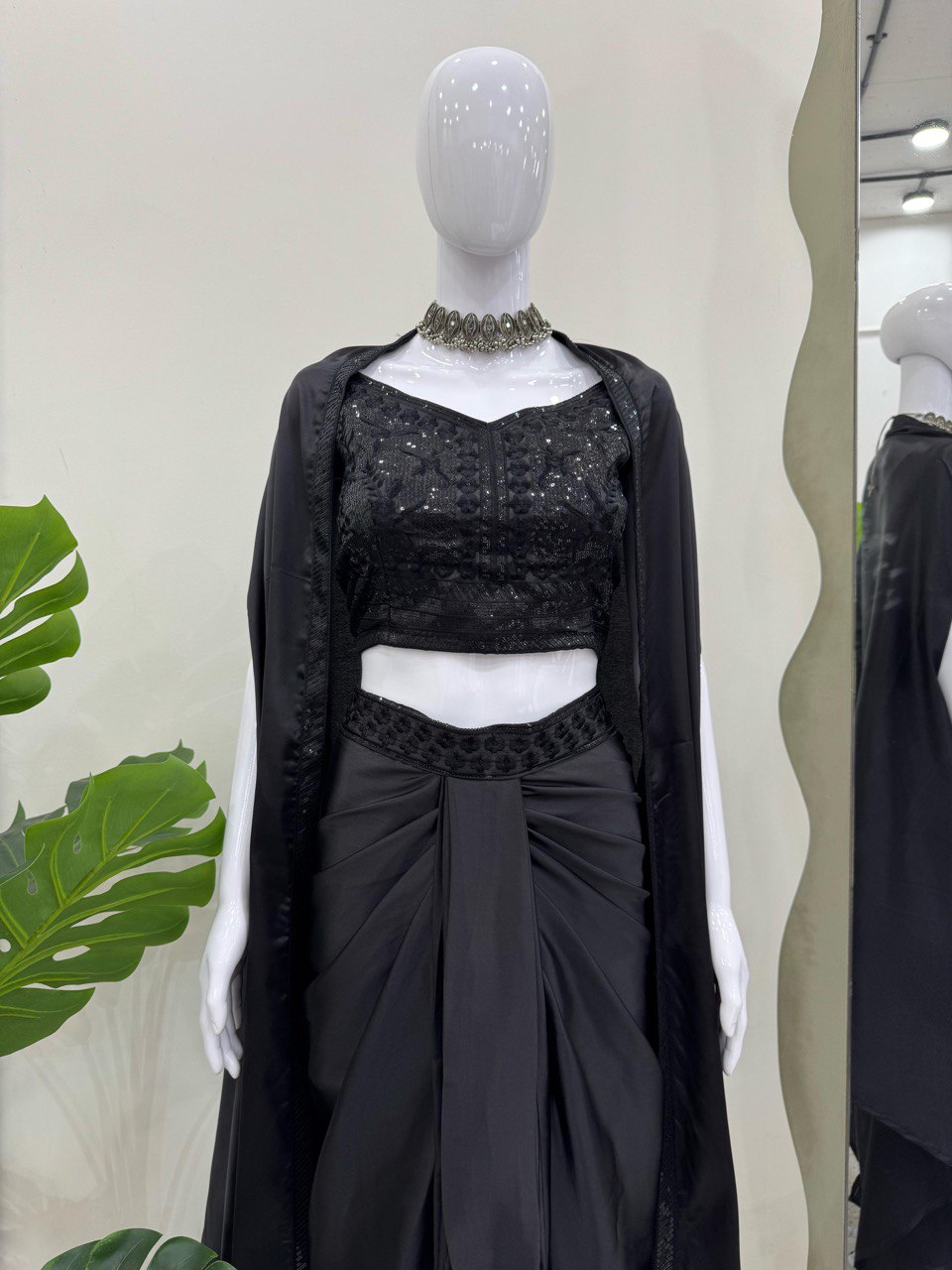 Occasion Wear Black Color Satin Silk And Thread With Sequence Work Dhoti Suit