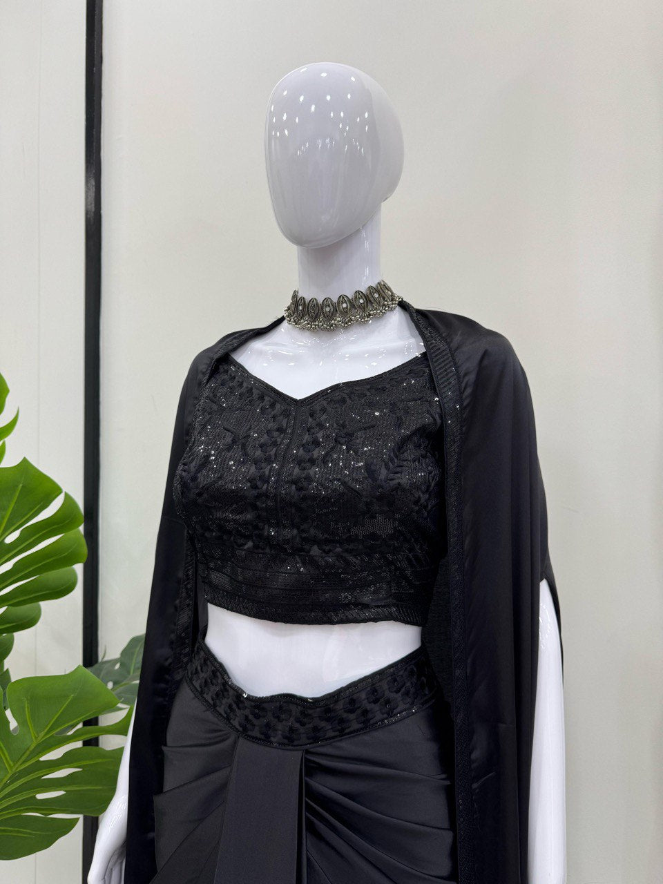 Occasion Wear Black Color Satin Silk And Thread With Sequence Work Dhoti Suit