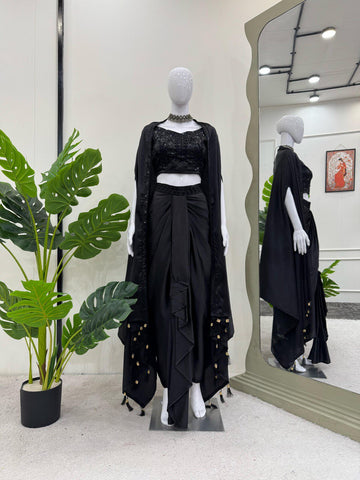 Occasion Wear Black Color Satin Silk And Thread With Sequence Work Dhoti Suit