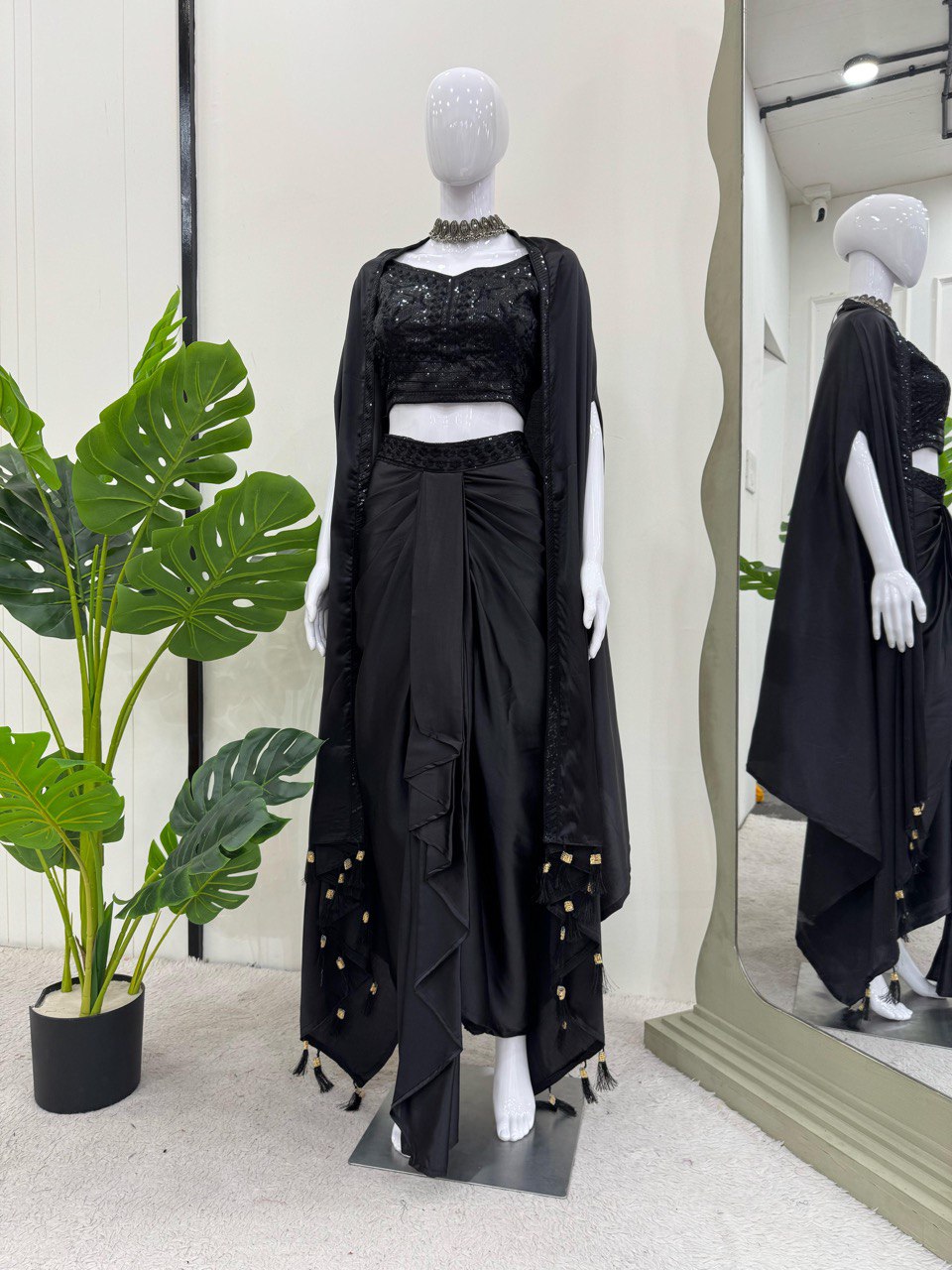 Occasion Wear Black Color Satin Silk And Thread With Sequence Work Dhoti Suit