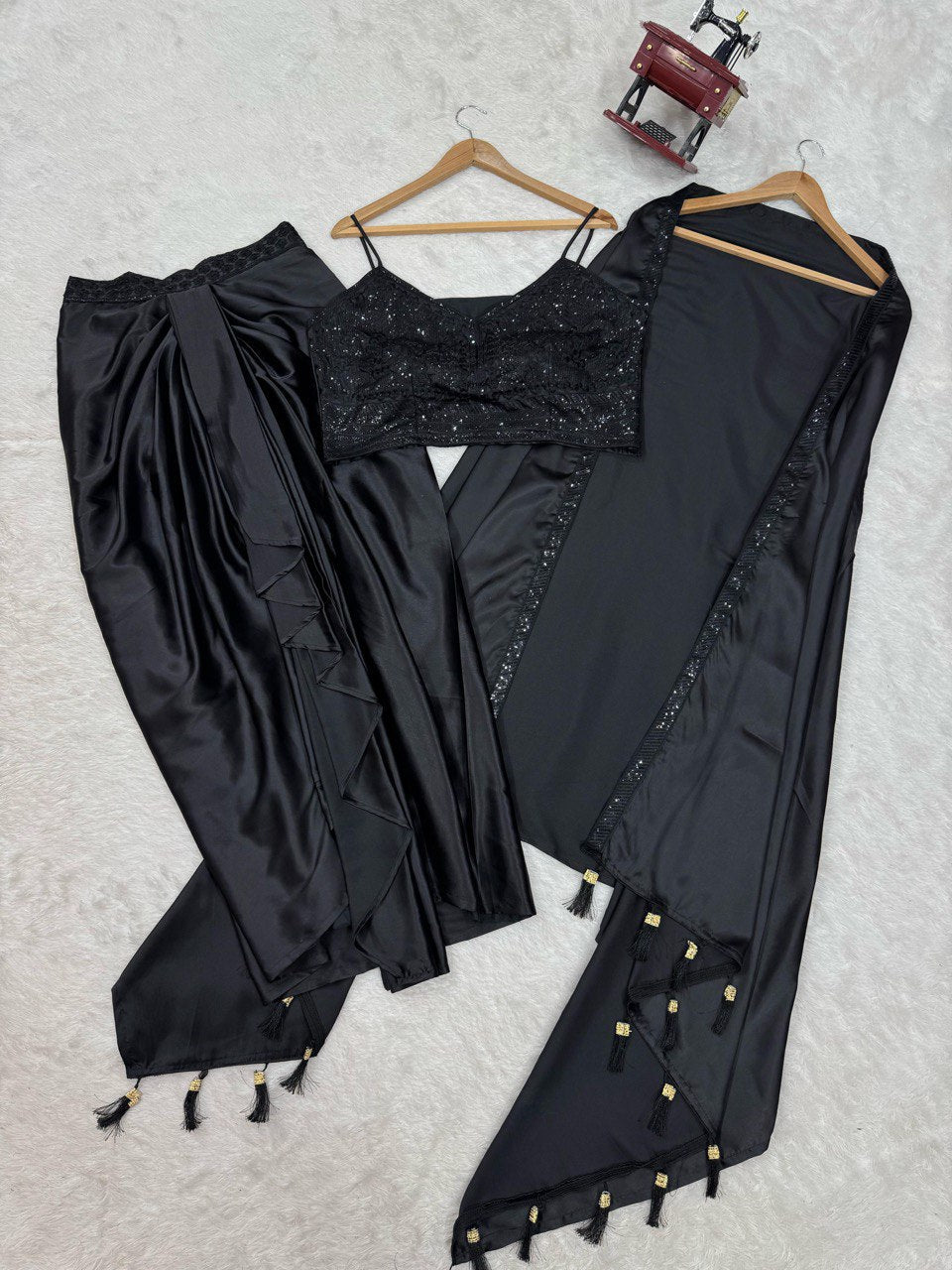 Occasion Wear Black Color Satin Silk And Thread With Sequence Work Dhoti Suit