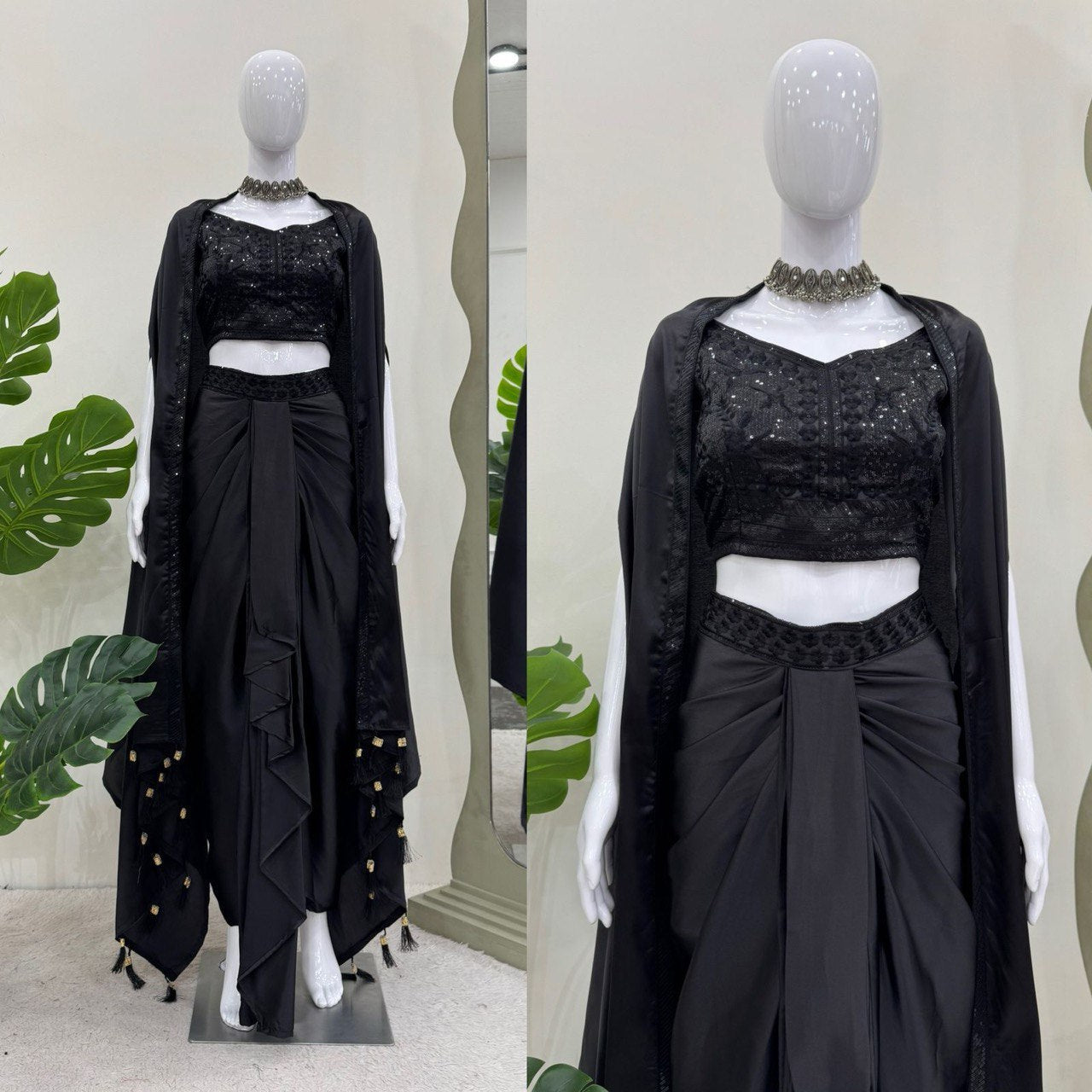 Occasion Wear Black Color Satin Silk And Thread With Sequence Work Dhoti Suit