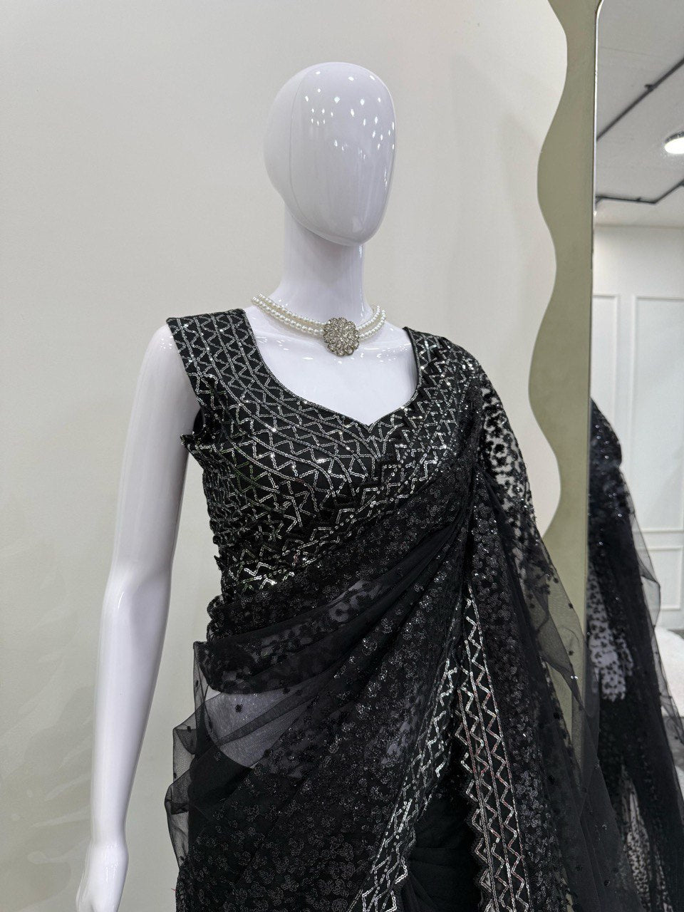 Party Wear Black Color Soft Net With Sequence Work Designer Saree