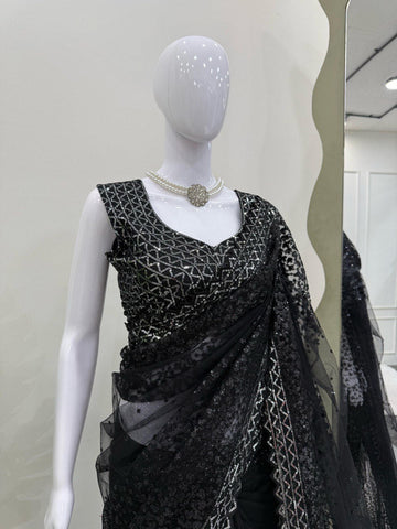 Party Wear Black Color Soft Net With Sequence Work Designer Saree