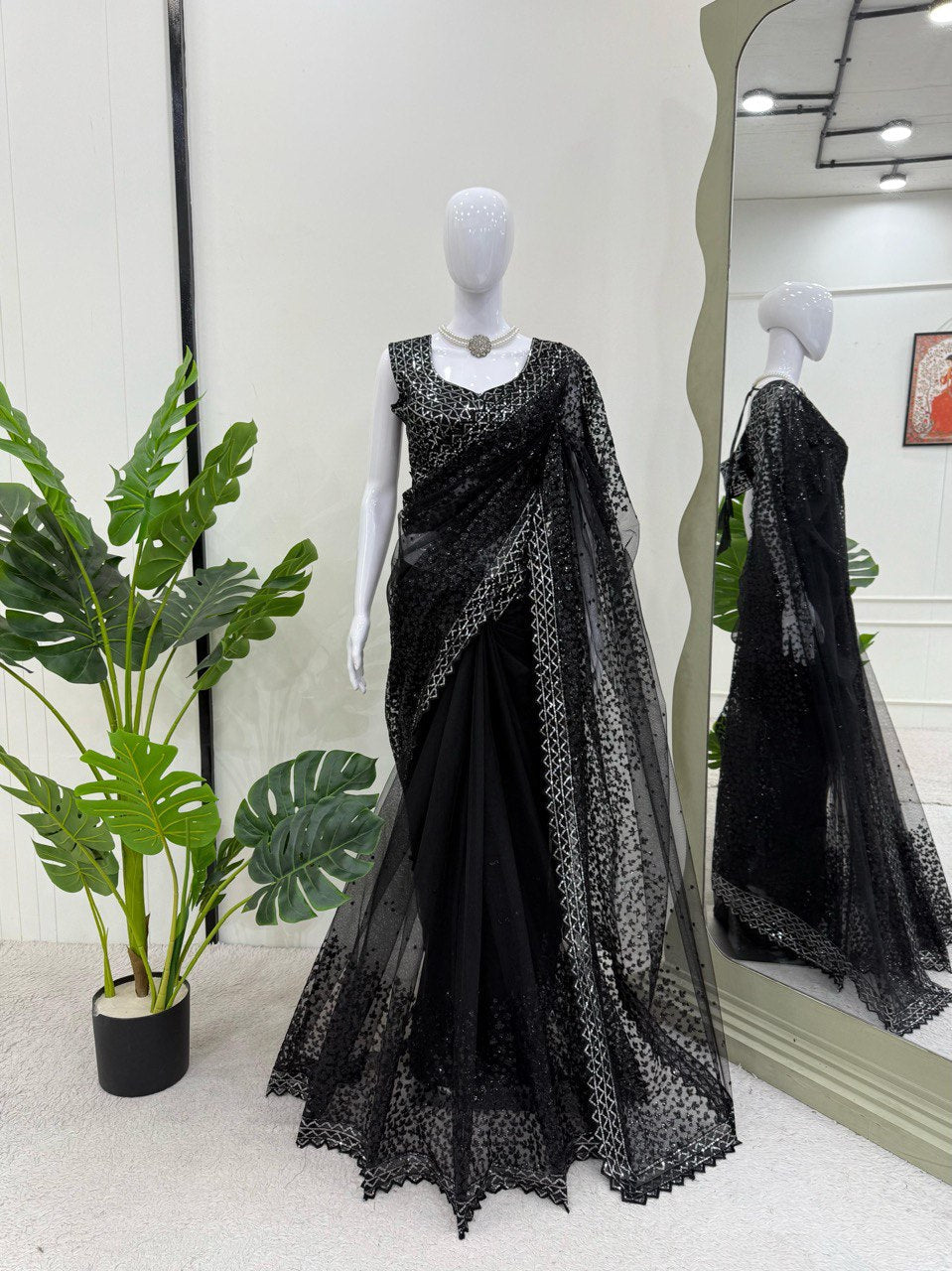 Party Wear Black Color Soft Net With Sequence Work Designer Saree