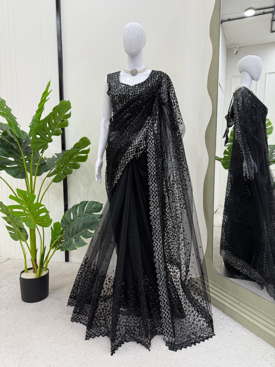 Party Wear Black Color Soft Net With Sequence Work Designer Saree