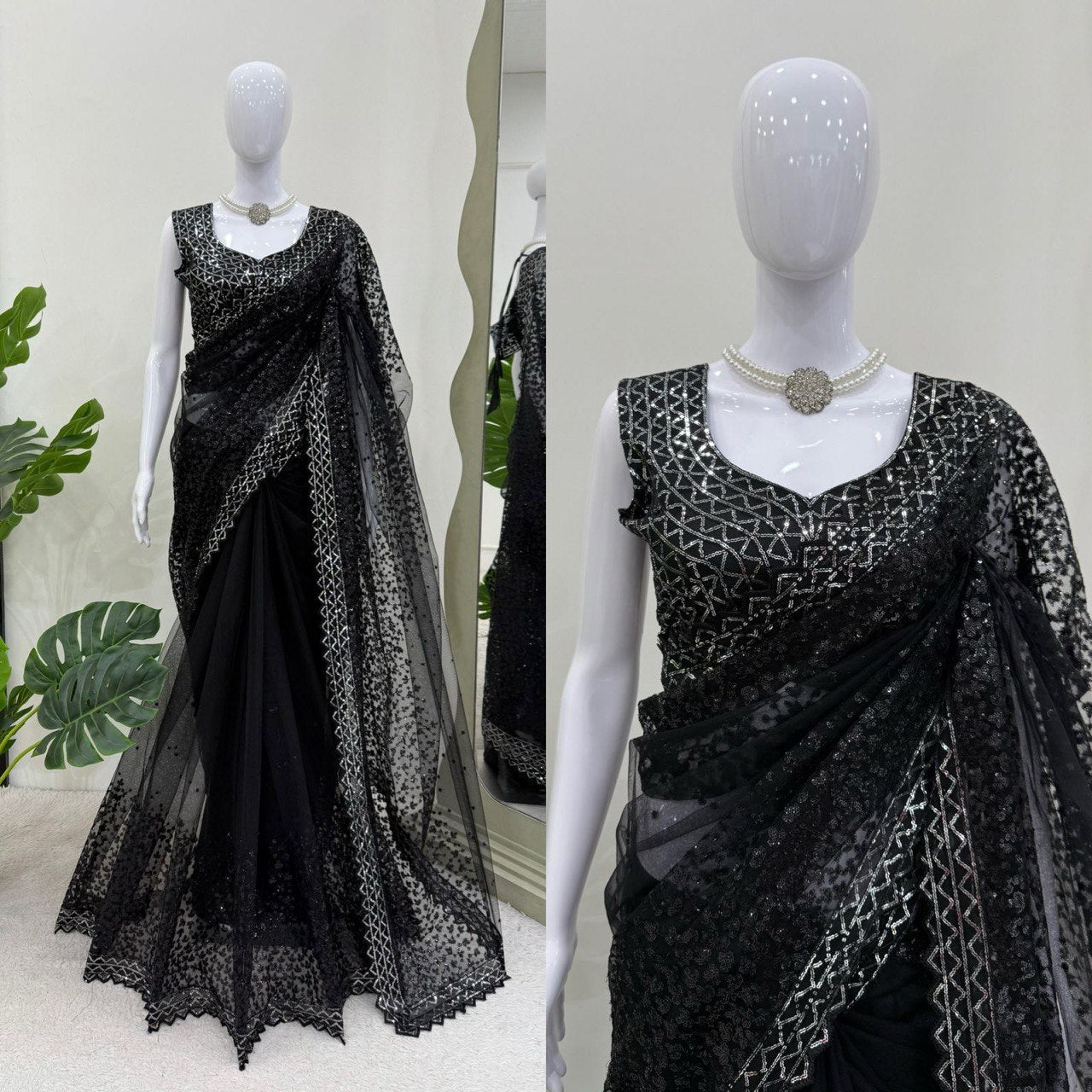 Party Wear Black Color Soft Net With Sequence Work Designer Saree