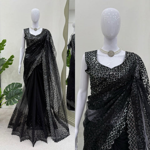 Party Wear Black Color Soft Net With Sequence Work Designer Saree