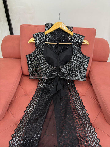 Party Wear Black Color Soft Net With Sequence Work Designer Saree