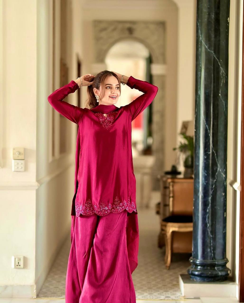 Party Wear Maroon Color Pure Natural Crep Silk With Embroidery Sequence Work Palazzo Suit