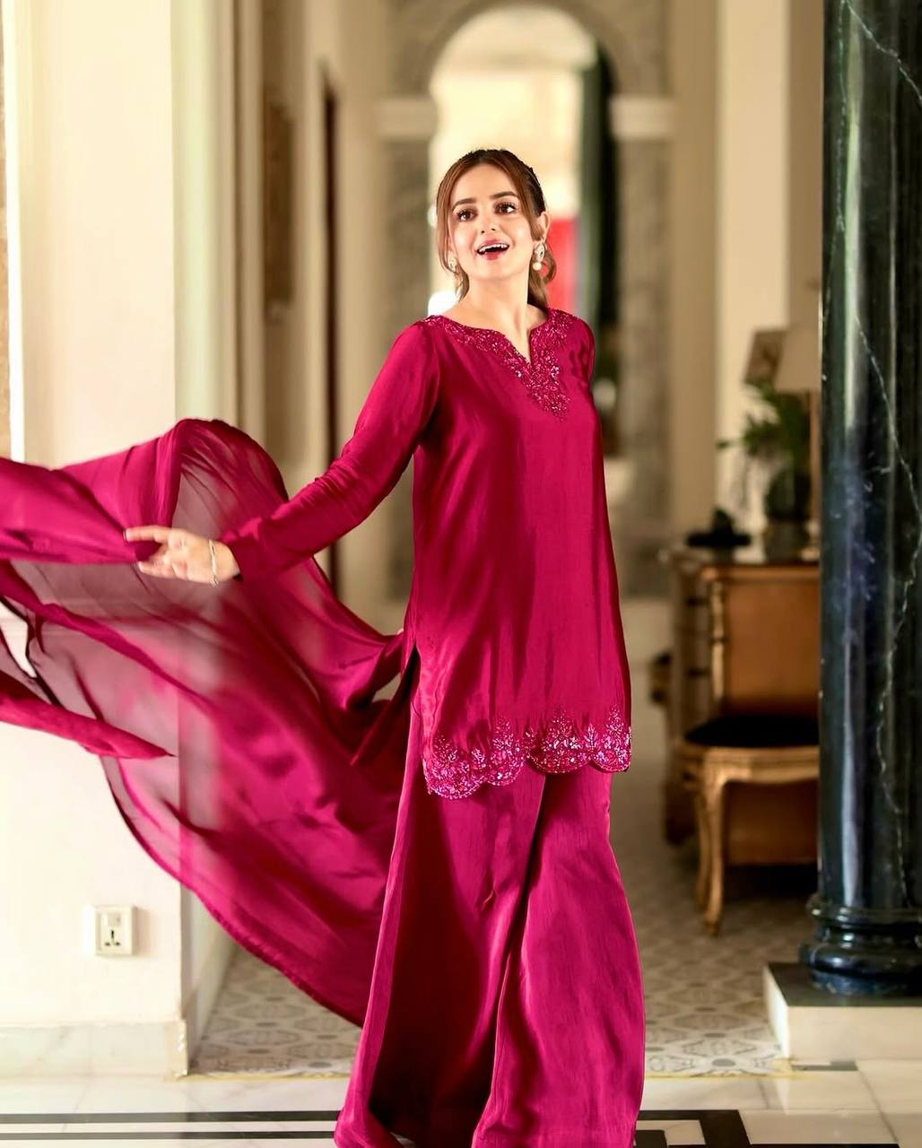 Party Wear Maroon Color Pure Natural Crep Silk With Embroidery Sequence Work Palazzo Suit