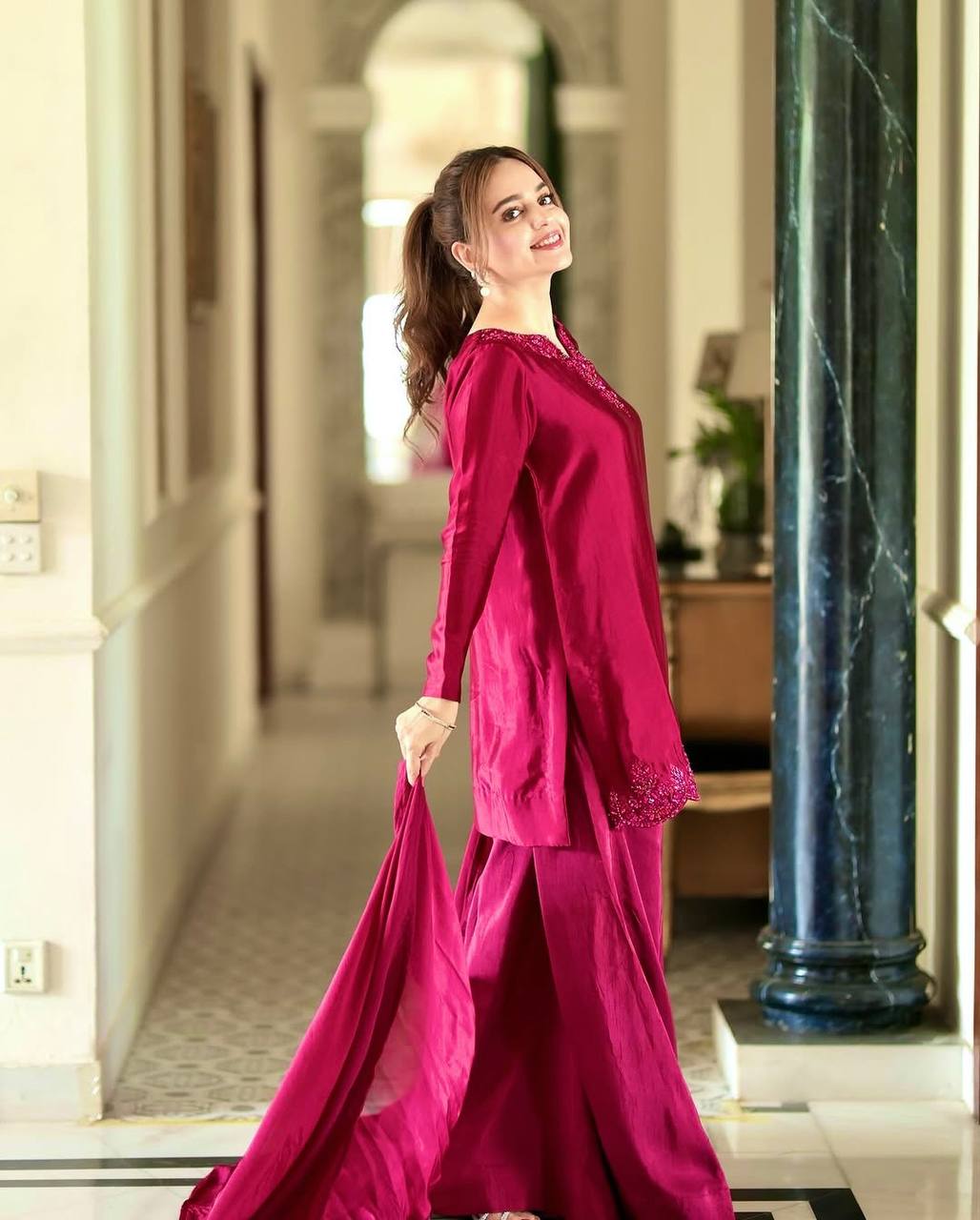 Party Wear Maroon Color Pure Natural Crep Silk With Embroidery Sequence Work Palazzo Suit
