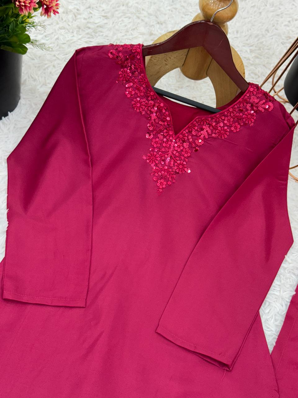 Party Wear Maroon Color Pure Natural Crep Silk With Embroidery Sequence Work Palazzo Suit
