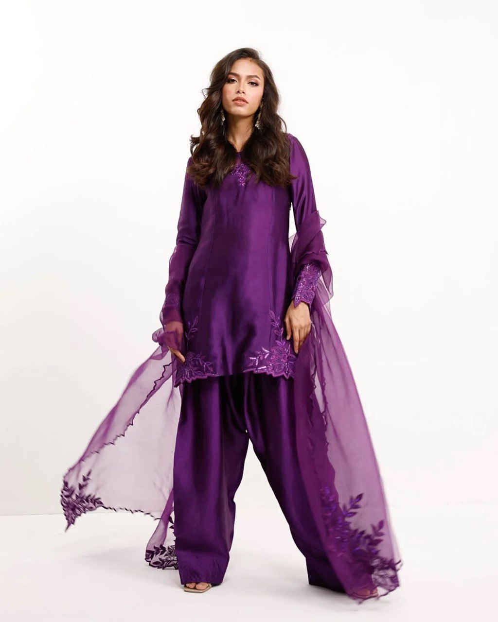 Fabulous Purple Color Natural Crepe And Beads With Thread Work Palazzo Suit