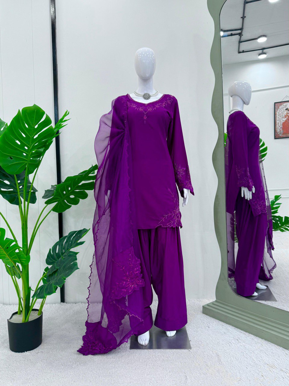 Fabulous Purple Color Natural Crepe And Beads With Thread Work Palazzo Suit
