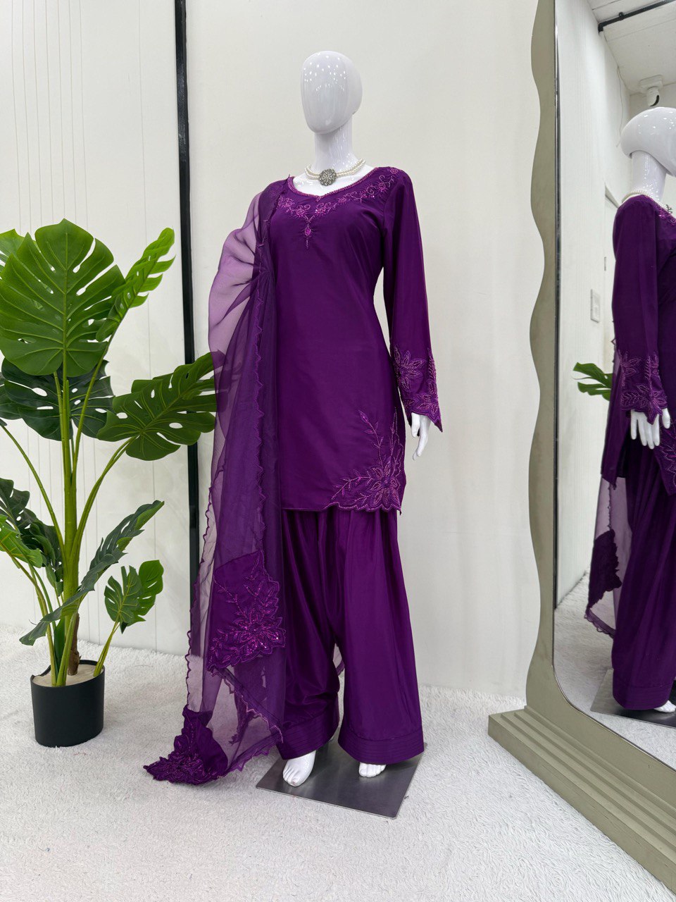 Fabulous Purple Color Natural Crepe And Beads With Thread Work Palazzo Suit