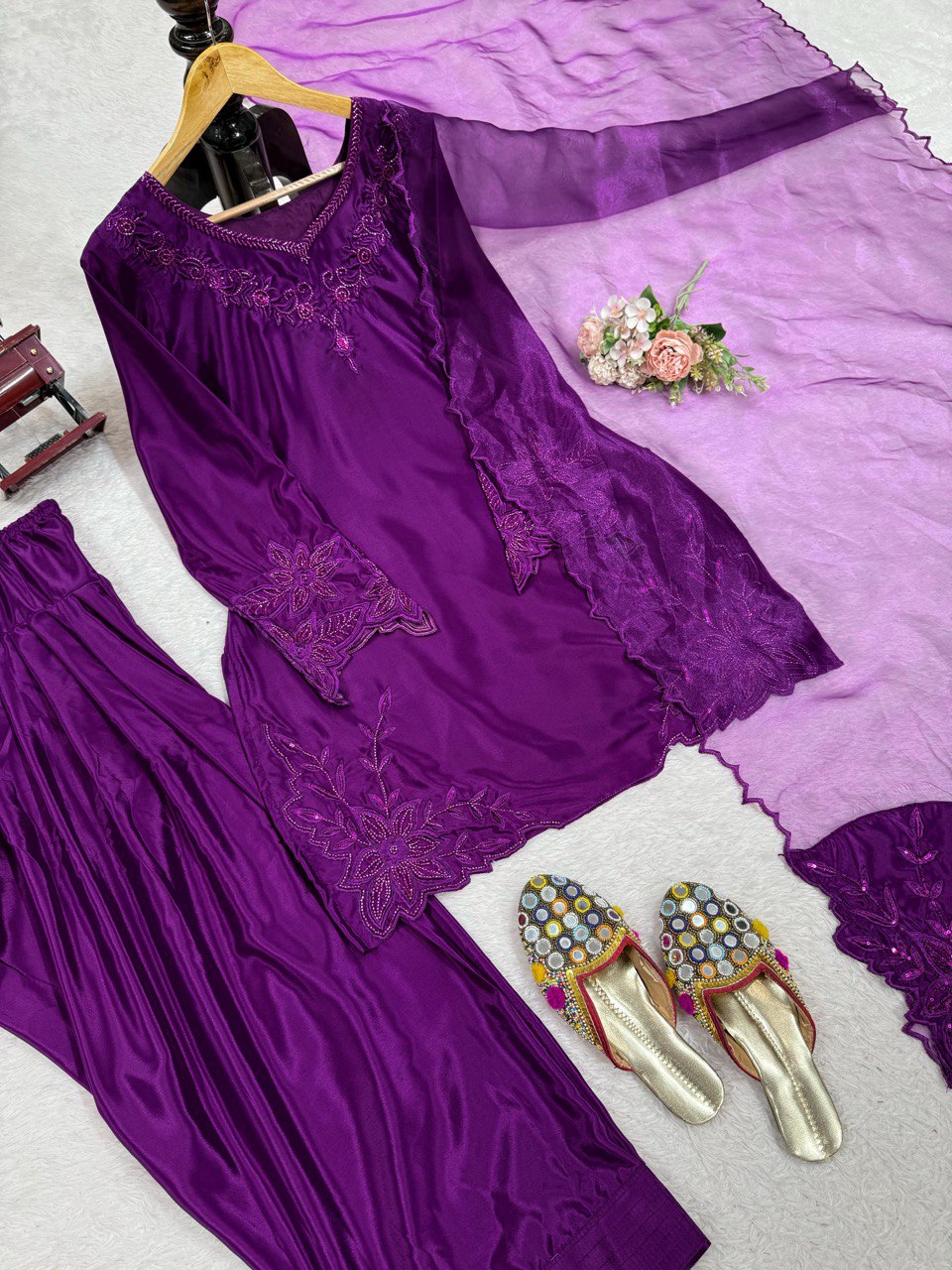 Fabulous Purple Color Natural Crepe And Beads With Thread Work Palazzo Suit