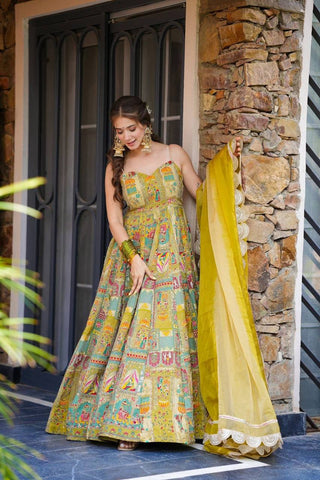 Party Wear Yellow Color Pure Jimmy Organza Silk Digital Printed Padded Anarkali Gown