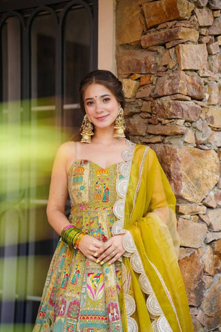 Party Wear Yellow Color Pure Jimmy Organza Silk Digital Printed Padded Anarkali Gown