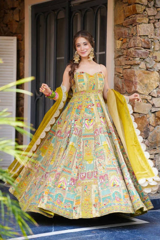 Party Wear Yellow Color Pure Jimmy Organza Silk Digital Printed Padded Anarkali Gown