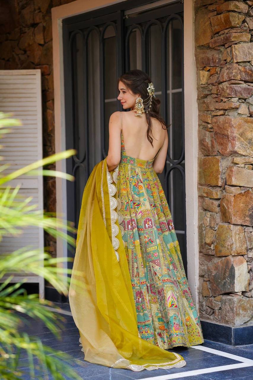 Party Wear Yellow Color Pure Jimmy Organza Silk Digital Printed Padded Anarkali Gown