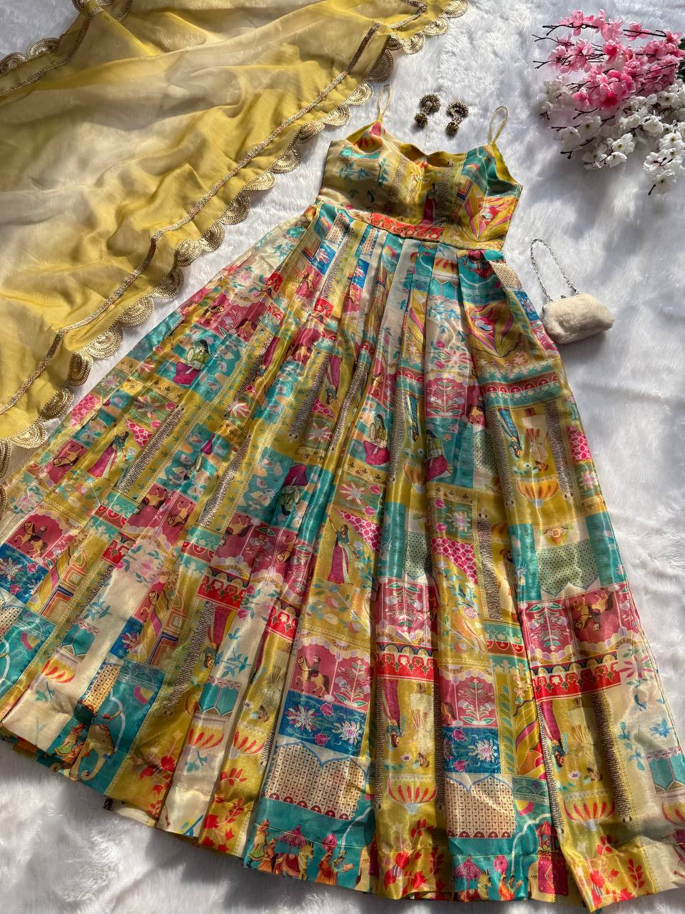 Party Wear Yellow Color Pure Jimmy Organza Silk Digital Printed Padded Anarkali Gown