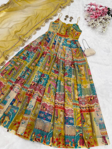Party Wear Yellow Color Pure Jimmy Organza Silk Digital Printed Padded Anarkali Gown
