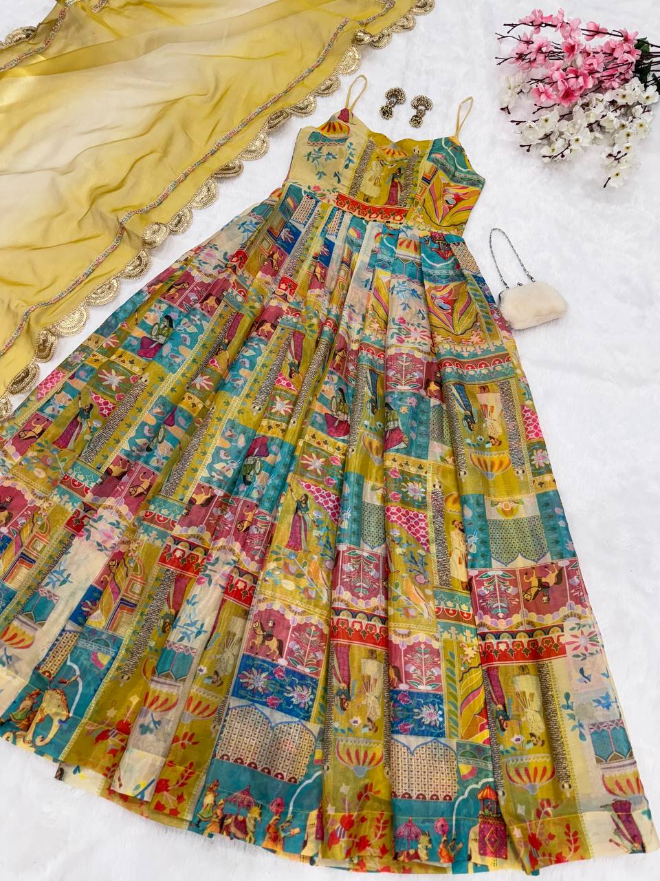 Party Wear Yellow Color Pure Jimmy Organza Silk Digital Printed Padded Anarkali Gown