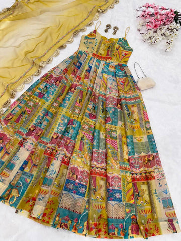 Party Wear Yellow Color Pure Jimmy Organza Silk Digital Printed Padded Anarkali Gown
