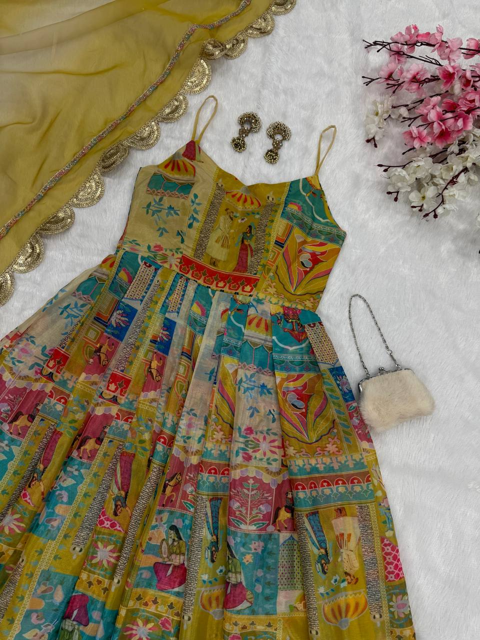 Party Wear Yellow Color Pure Jimmy Organza Silk Digital Printed Padded Anarkali Gown