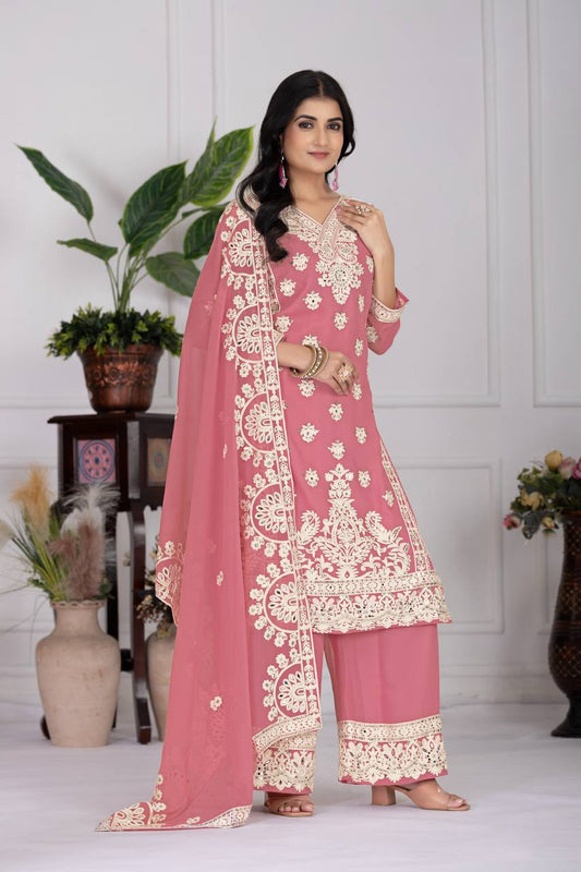 Engagement Wear Peach Color Heavy Fuax Georgette Embroidery Sequences Work With Real Mirror Hand Work Palazzo Suit