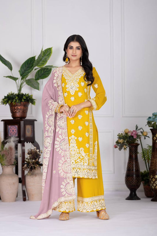Engagement Wear Yellow Color Heavy Fuax Georgette Embroidery Sequences Work With Real Mirror Hand Work Palazzo Suit